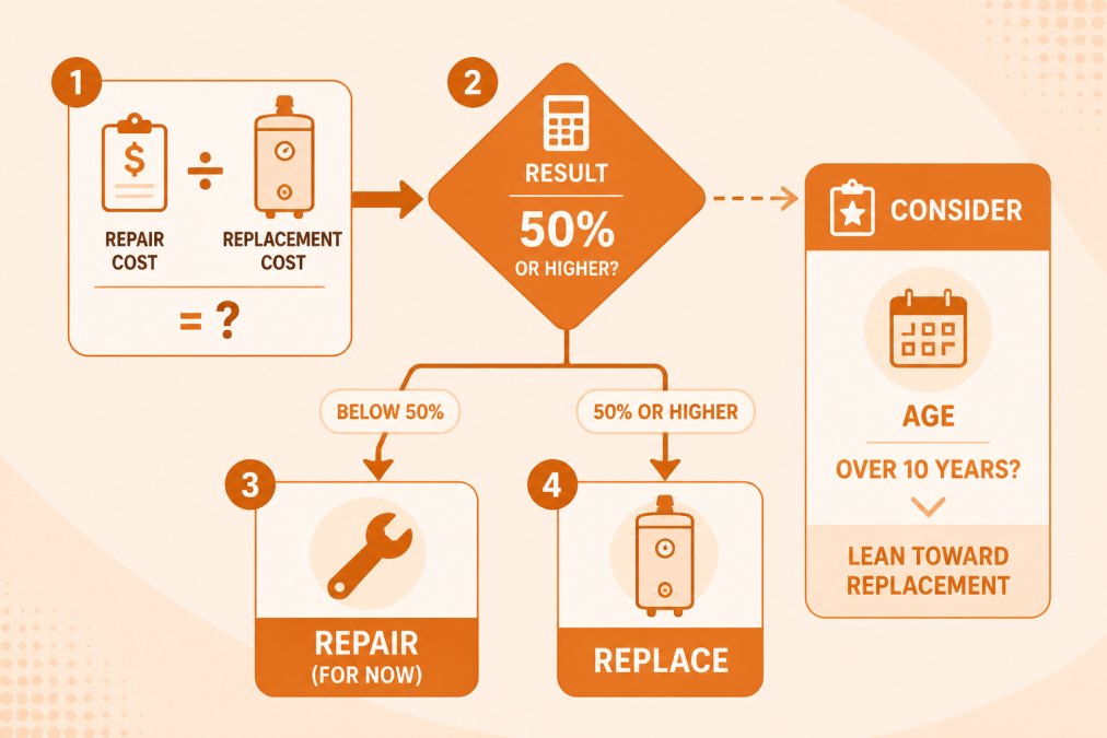 Flowchart showing decision path: "Repair cost ÷ Replacement cost = ?" If result is 50% or higher, arrow points to "Replace." If result is below 50%, arrow points to "Repair (for now)." Secondary factor box shows "Consider: Age of unit. If over 10 years, lean toward replacement even if repair is below 50%."