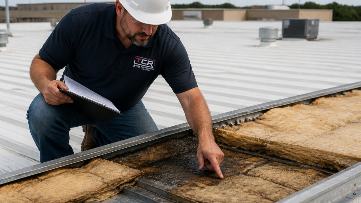 Professional facility inspector examining wet insulation on industrial metal roof, pointing to visible moisture damage and compressed material with metal deck visible in background