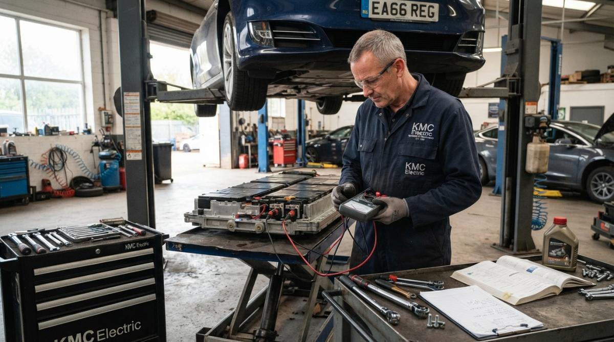 Technician using diagnostic equipment on an electric vehicle battery pack in a professional workshop with overhead lighting, checking State of Health readings on a specialist diagnostic device