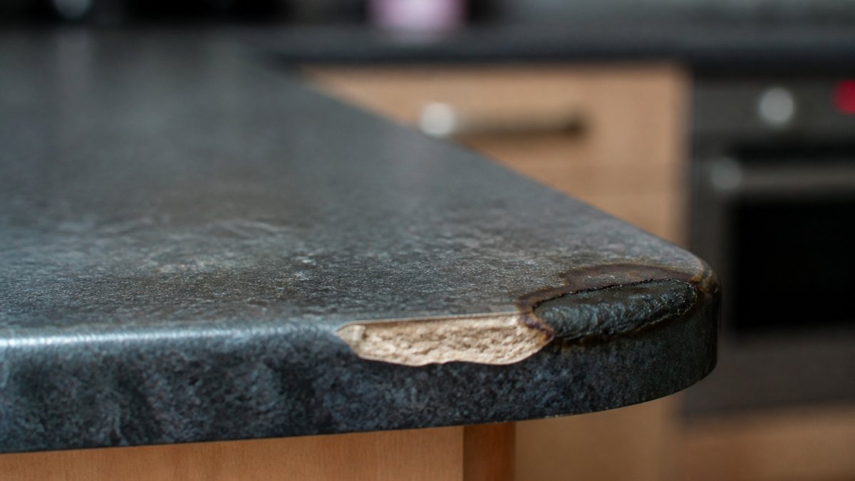 Close-up of a kitchen laminate worktop showing a prominent chip and burn mark at the edge, with natural kitchen lighting highlighting the damage