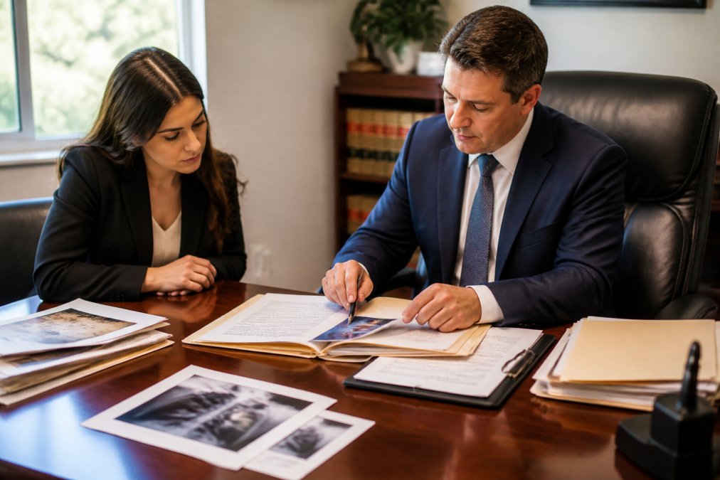 Attorney and client in serious consultation at wooden desk with legal documents, case files, and medical records spread across surface, natural office lighting from window