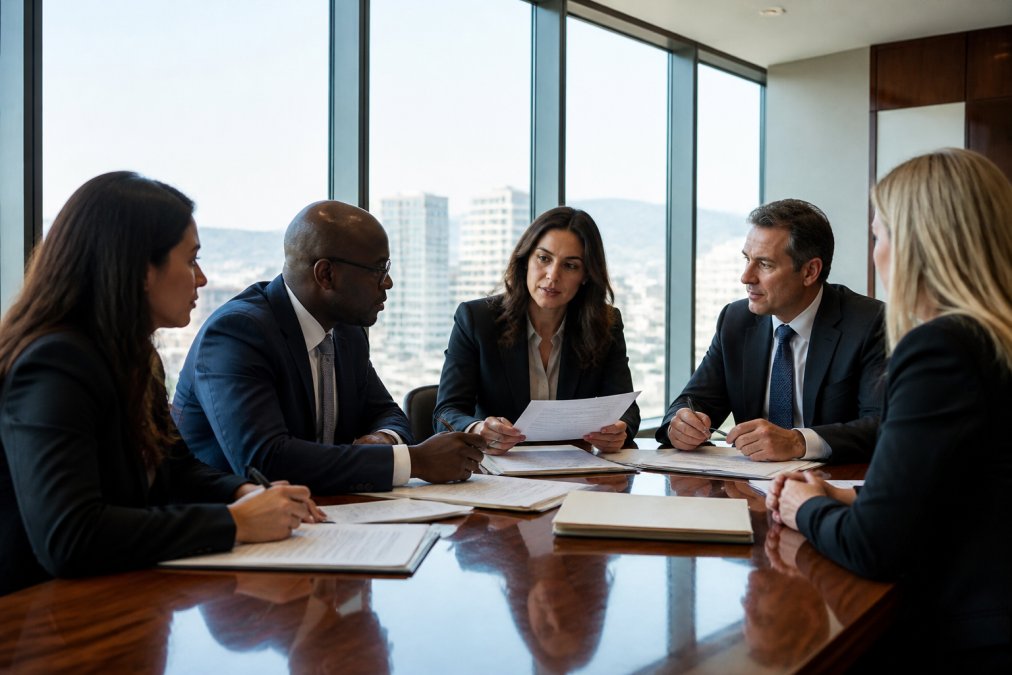 Diverse group of professionals in business attire seated around polished conference table in modern office, reviewing documents during serious negotiation, natural light from floor-to-ceiling windows