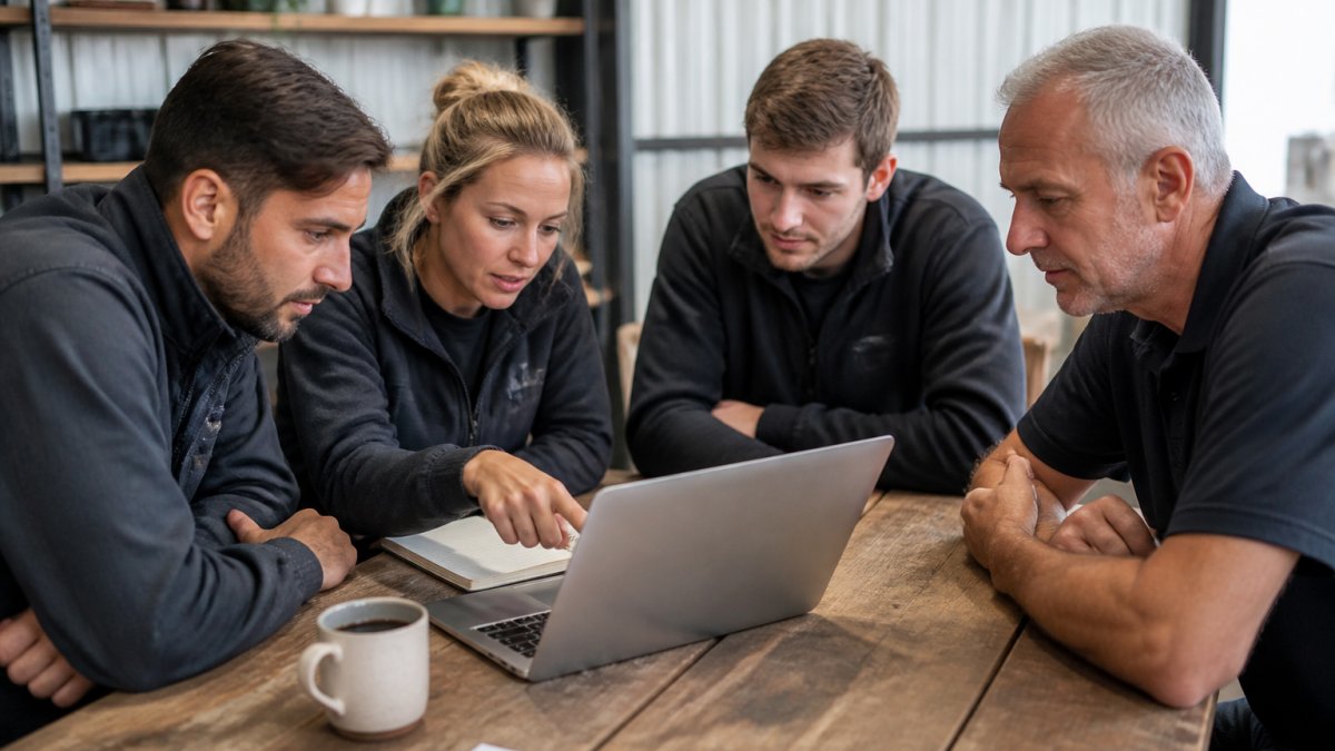 A small team of tradespeople and an office manager gathered around a laptop in a bright workspace, reviewing a rollout plan on screen with a notepad and coffee on the desk