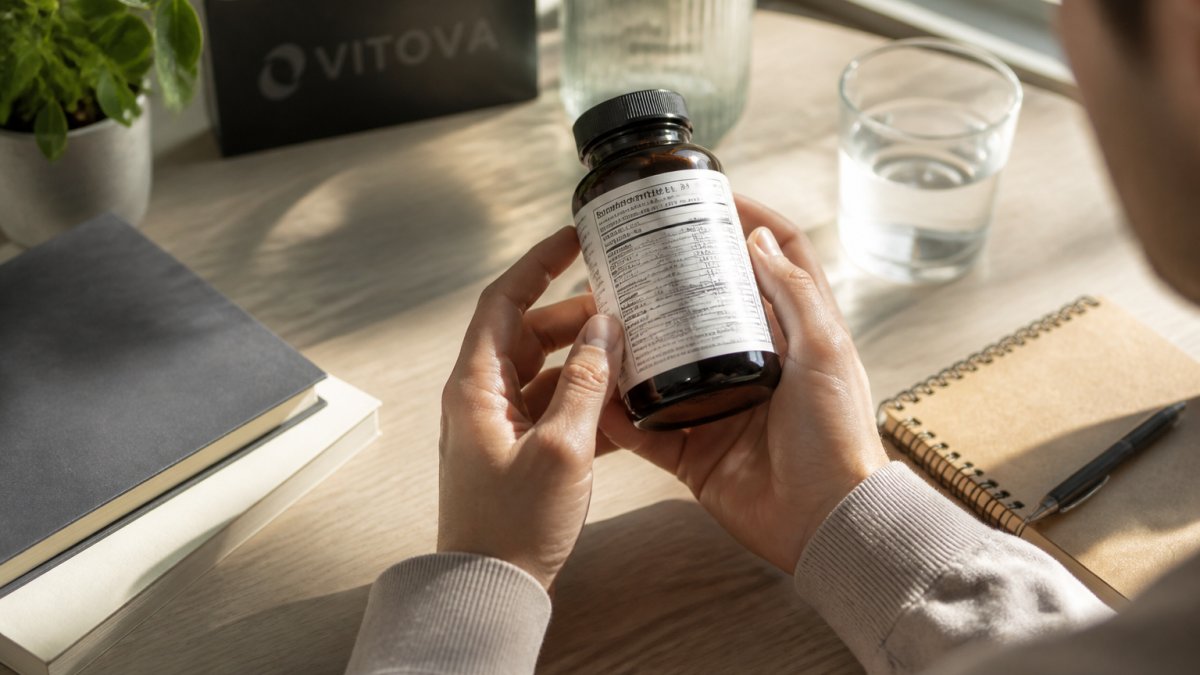Hands holding a supplement bottle and carefully reading the ingredient label in natural daylight