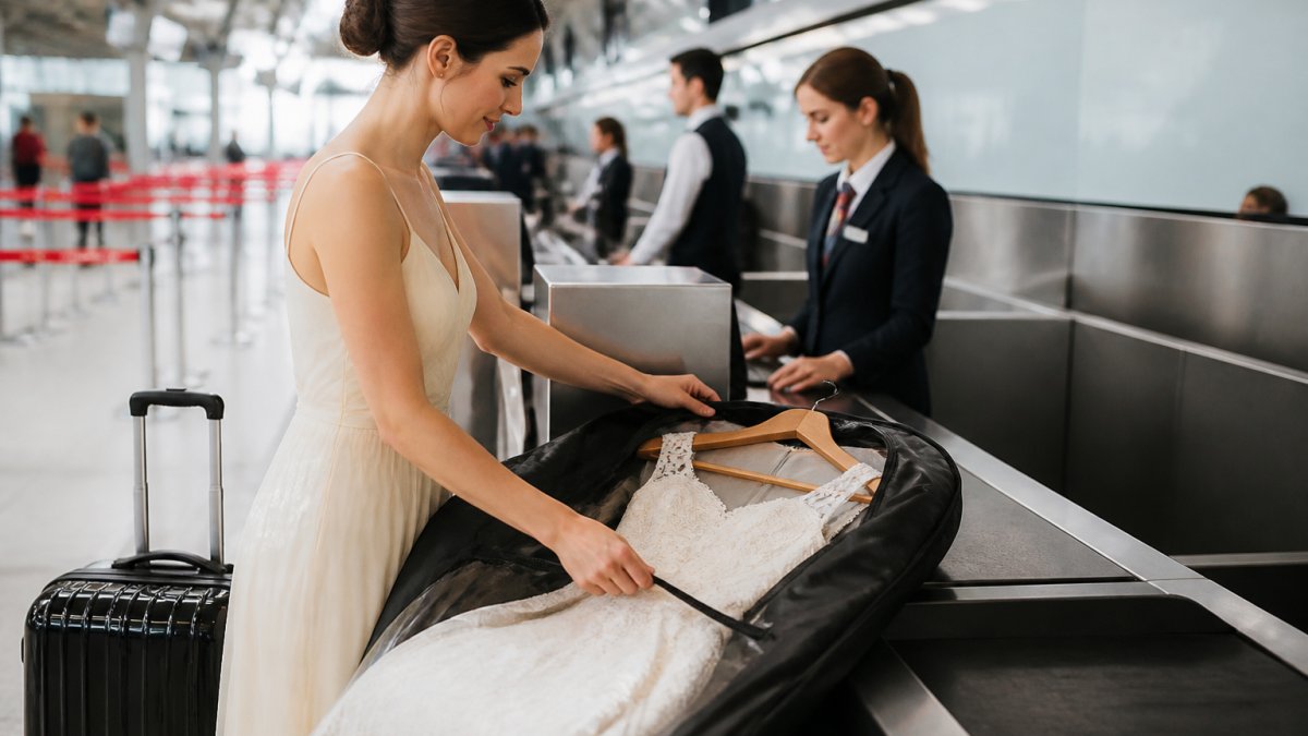 A bride carefully packing her white wedding dress into a garment bag for safe wedding dress travel at an airport.