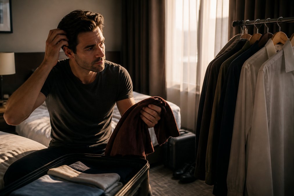 Professional actor reviewing outfit choices and grooming in natural morning light before a headshot session, with styled hair and prepared clothing options visible
