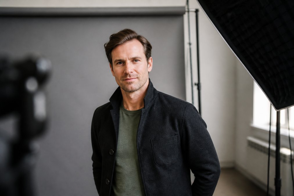 Professional actor in modern studio setting with professional key lighting and neutral background, looking confident and camera-ready for headshot session