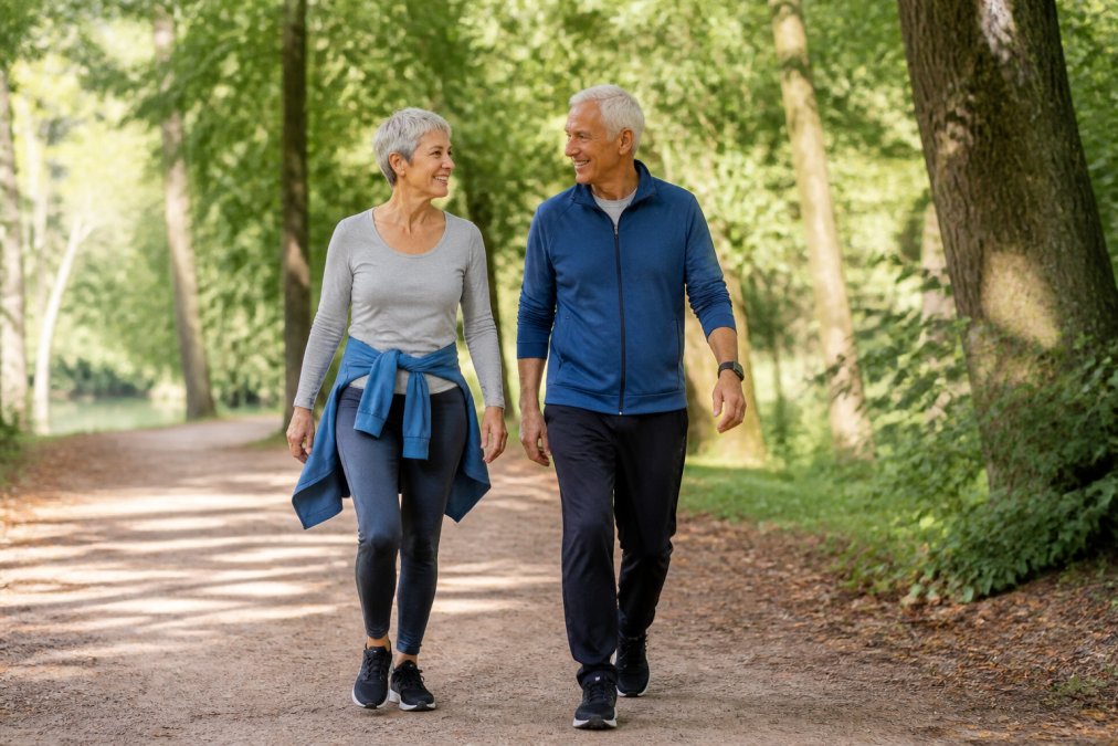 Active retired couple enjoying outdoor activities together, walking in a park with natural scenery, suggesting long-term health and longevity planning