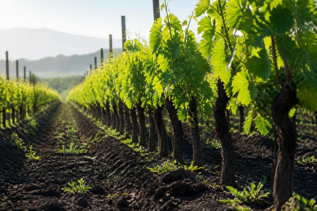 Close-up of organic vineyard rows with healthy green vines and visible dark soil in foreground, morning sunlight casting shadows across the rows, no chemical equipment visible