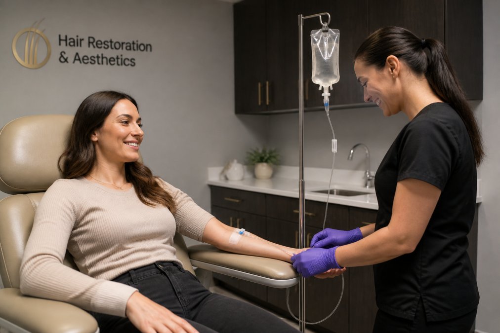 Healthcare professional administering an intravenous infusion to a patient in clinical setting, with IV bag and tubing visible, natural clinic lighting