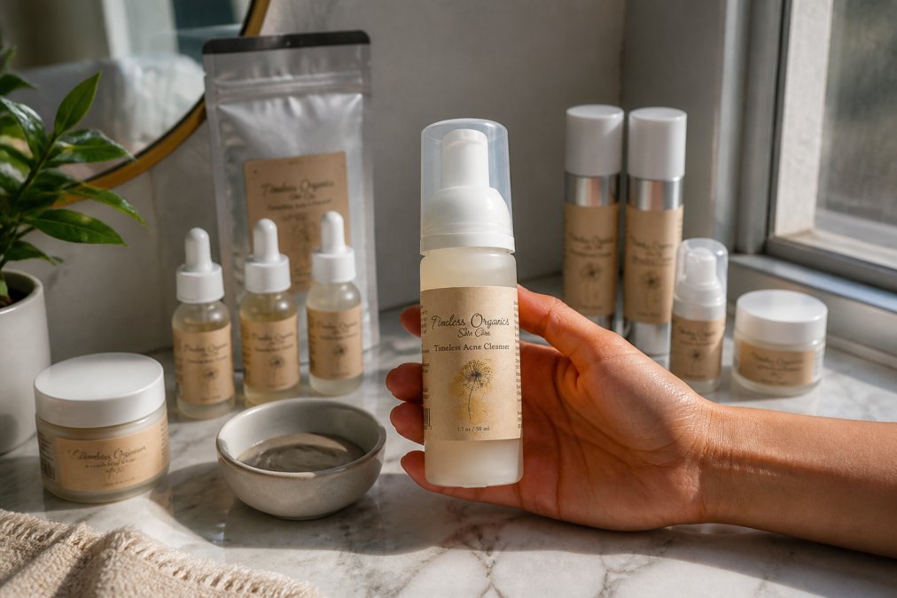 Flat lay of iZM Genetics skincare products including cleanser, mask, and serums arranged on marble surface with person's hand selecting the Foaming Acne Cleanser bottle, natural window lighting
