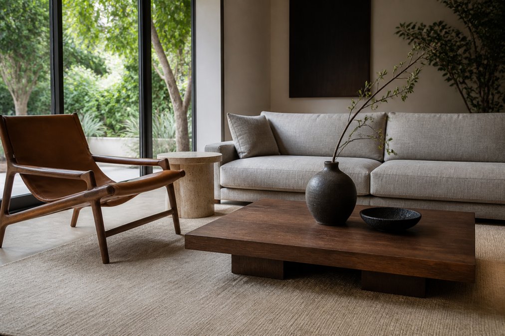 A serene Japandi living room with a low-profile walnut coffee table, a sculptural leather lounge chair, and a travertine side table, bathed in natural light from large windows, soft neutral textiles and a single ceramic vase holding one branch