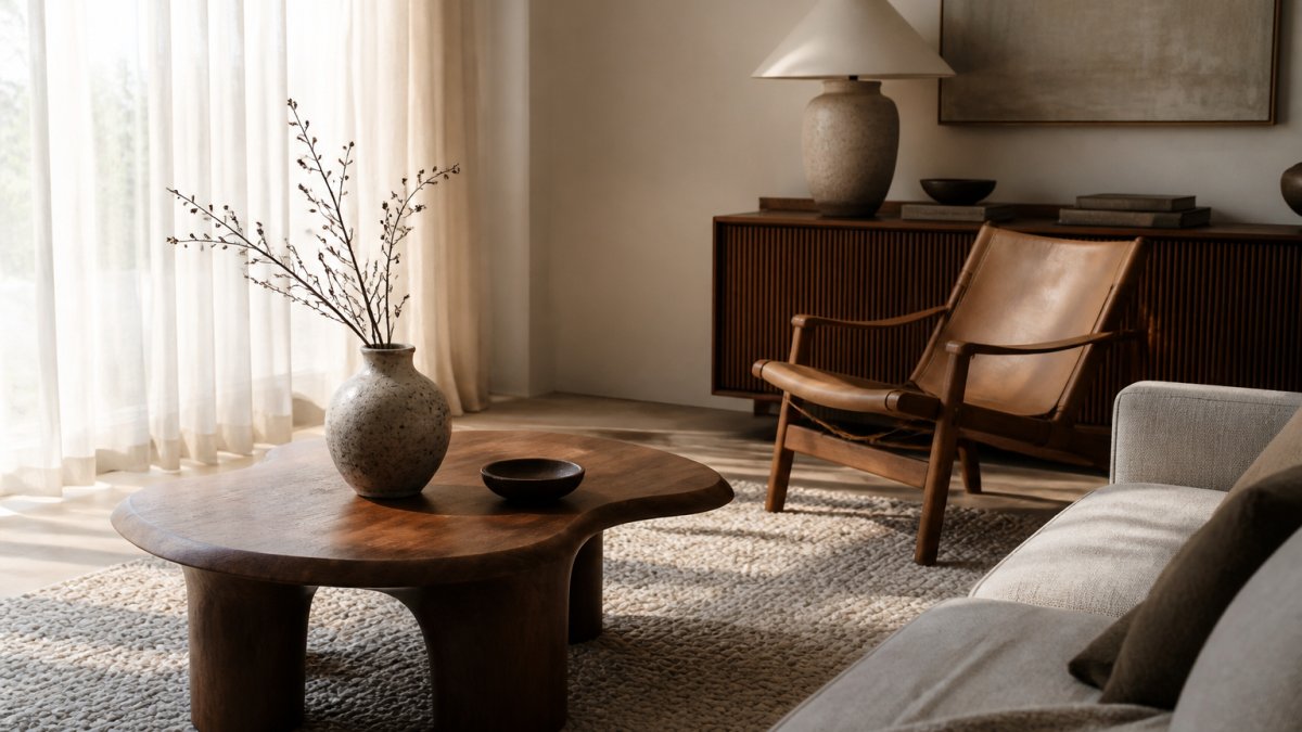 A serene Japandi living room with a sculptural walnut coffee table, a leather lounge chair, and a stone table lamp on a sideboard, soft natural light filtering through sheer curtains onto muted beige and grey tones, a textured wool rug, and a single ceramic vase with dried branches