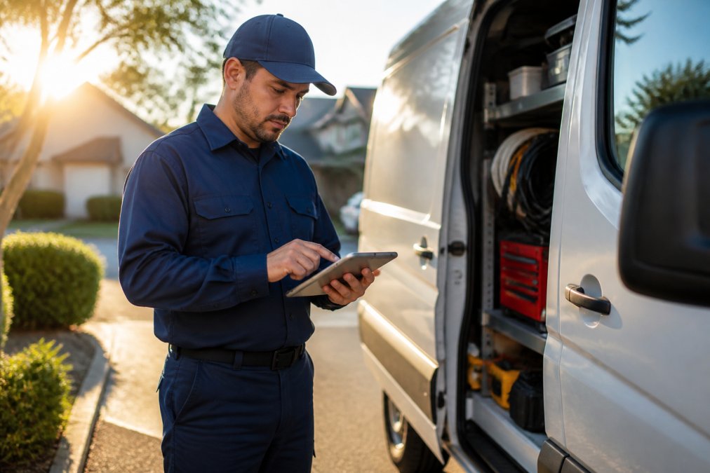 HVAC technician in field uniform standing beside service van, holding tablet with dispatch and work order information displayed on screen, checking schedule in morning sunlight