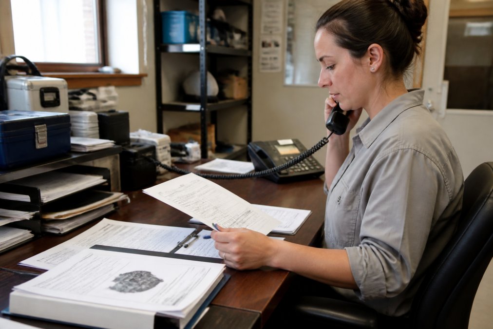 Office professional seated at desk managing dispatch calendar and customer communication platform on desktop computer, with HVAC service documentation and equipment specifications visible on desk surface, natural office lighting