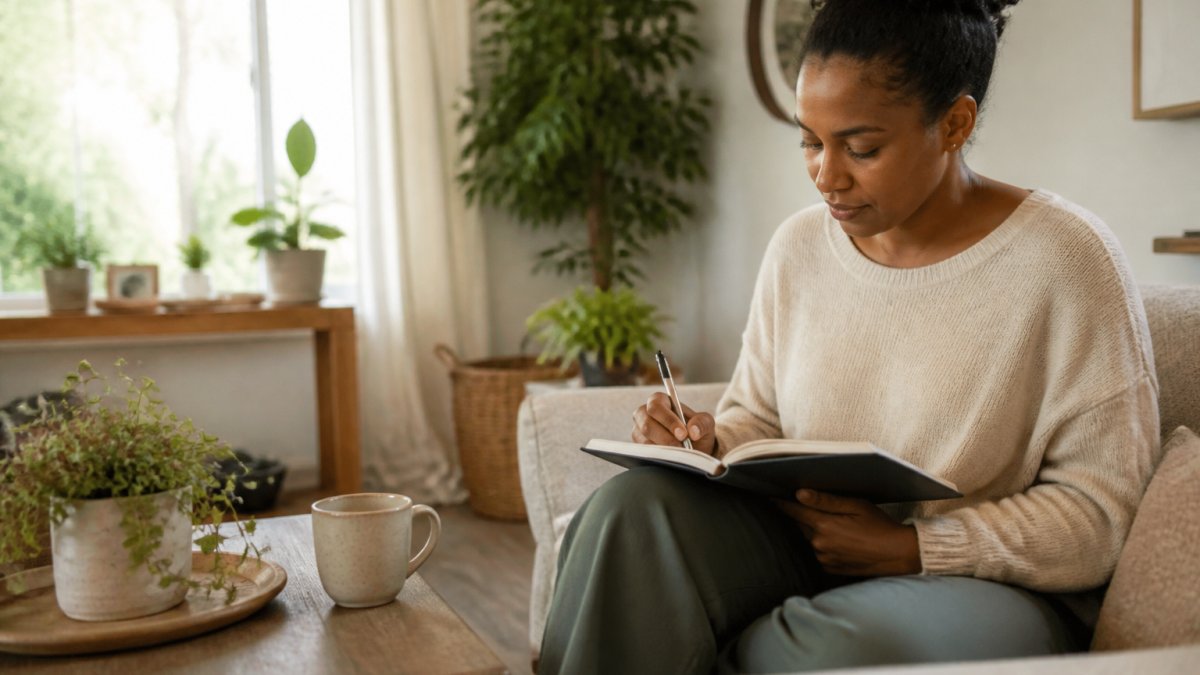 Woman writing in a journal by a sunny window with a warm drink nearby