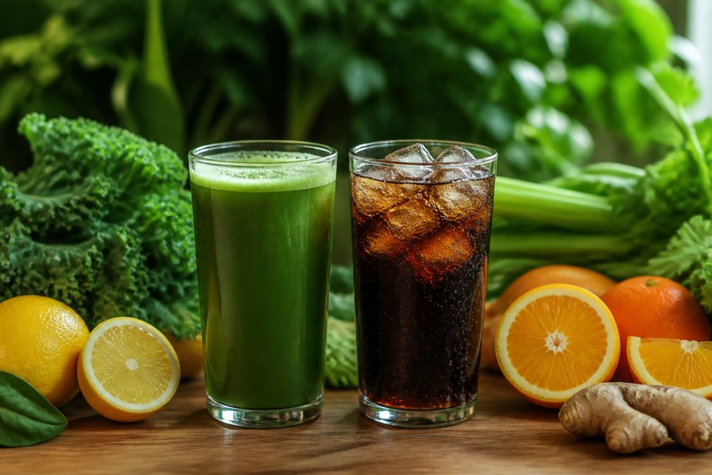 Close-up of a glass of fresh-pressed green juice beside a glass of cola, showing the vivid color contrast, with fresh citrus fruits, leafy greens, and vegetables arranged on a wooden surface in natural morning light
