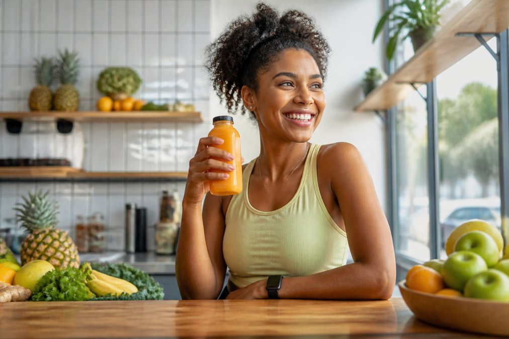 A person holding a fresh juice bottle in a bright, modern juice bar setting with natural sunlight streaming through windows, appearing energized and healthy, with fresh fruits and vegetables visible in the background