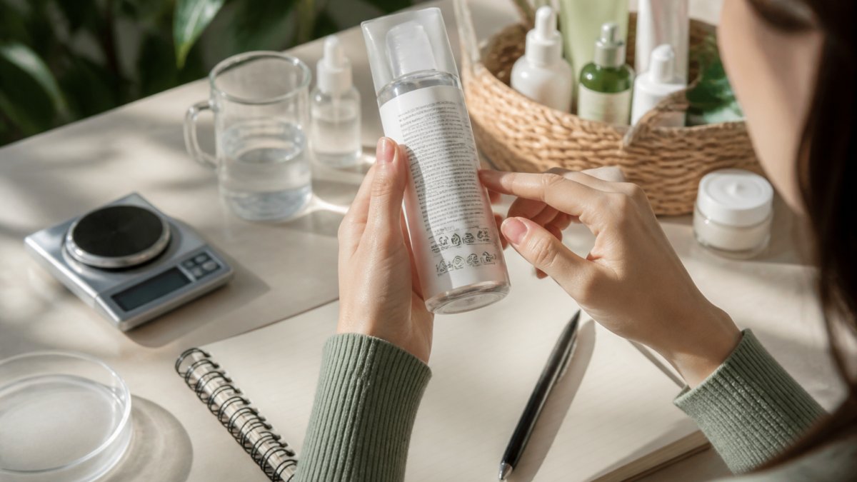 Close-up of hands holding a Korean skincare product bottle, examining the packaging label and certifications in natural light