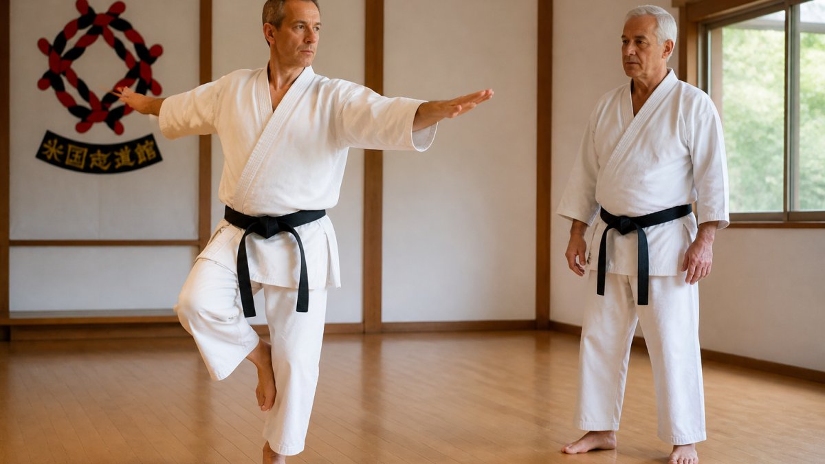 Adult student practicing a single-leg stance in a dojo to show if karate is good for balance and flexibility.