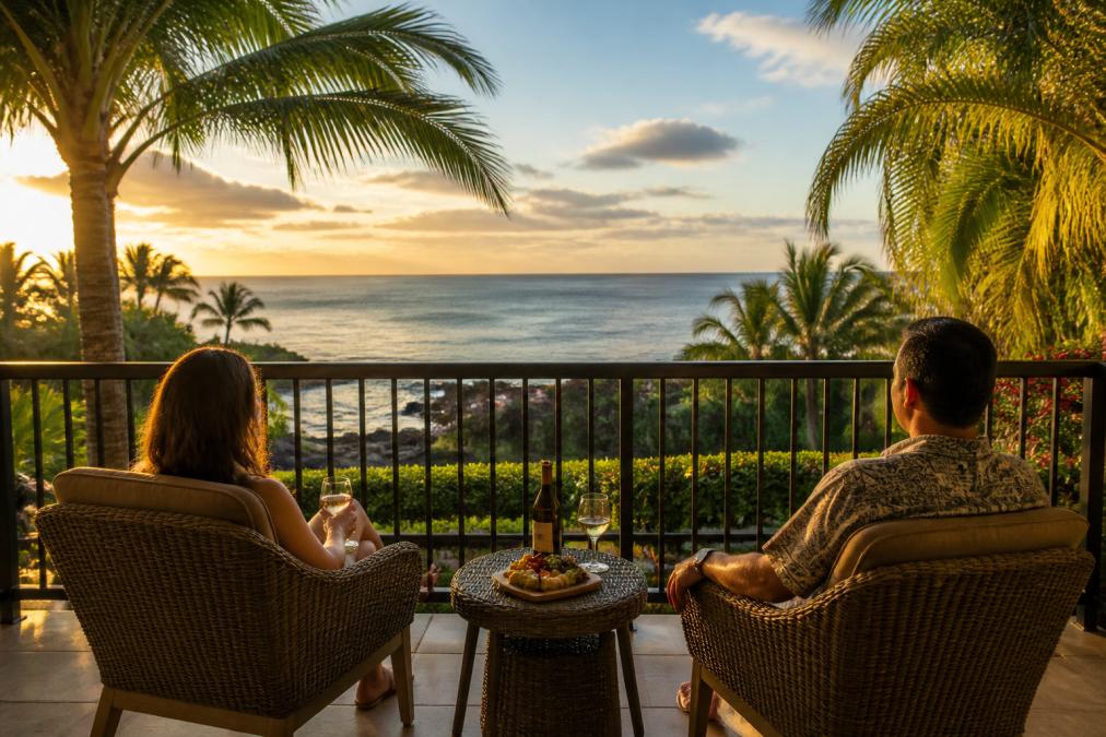 A serene oceanfront lanai at golden hour with two adults relaxing in rattan chairs overlooking calm Pacific waters, lush tropical greenery and palm fronds framing the scene, warm amber light across the water