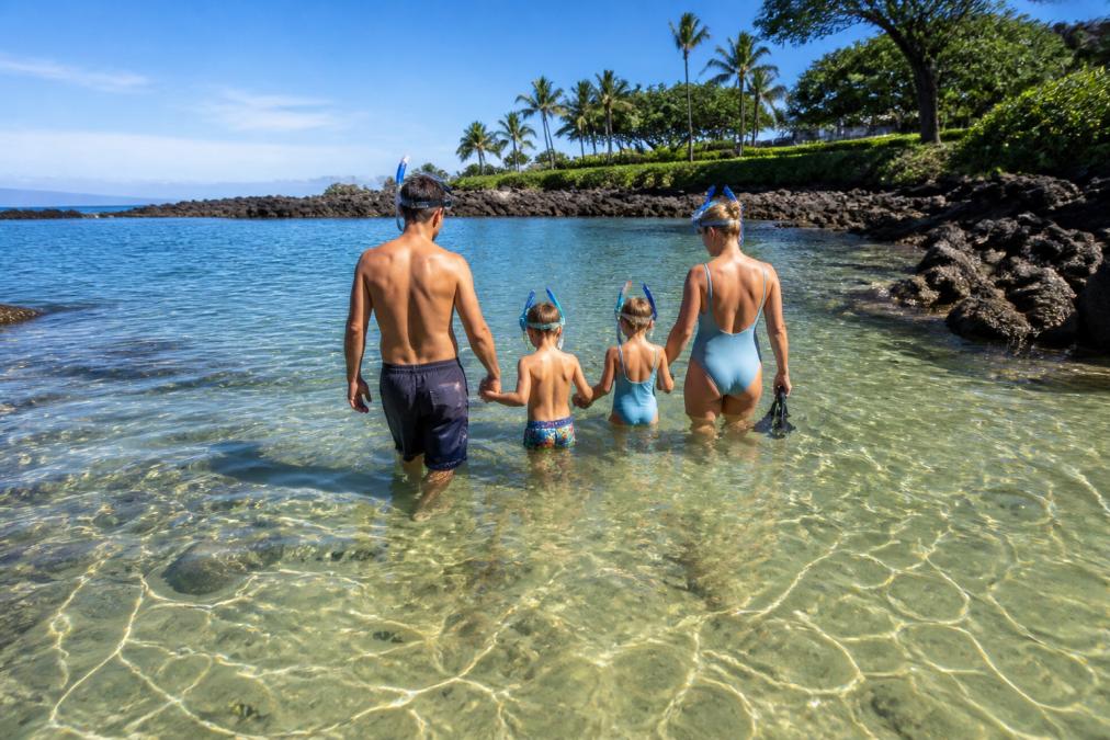 A family with two young children in snorkel masks and fins wading into clear, calm turquoise Hawaiian coastal water near a rocky lava shoreline, bright tropical fish visible beneath the surface, midday sunlight filtering through shallow water