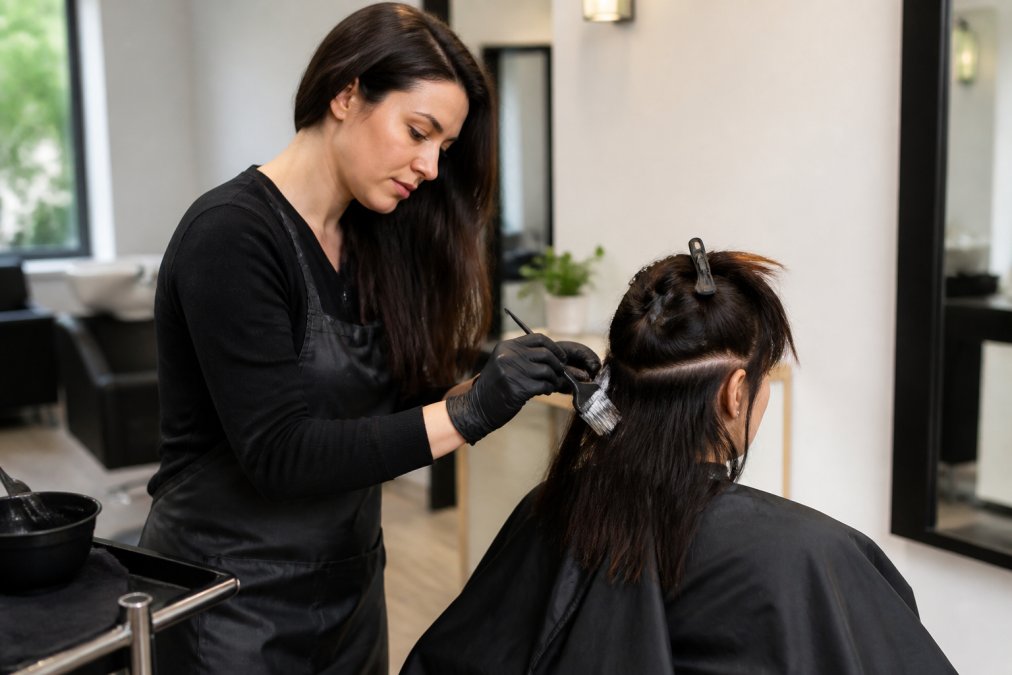A professional hair stylist in a modern, well-ventilated salon applying a keratin treatment to a client's hair while wearing protective gloves
