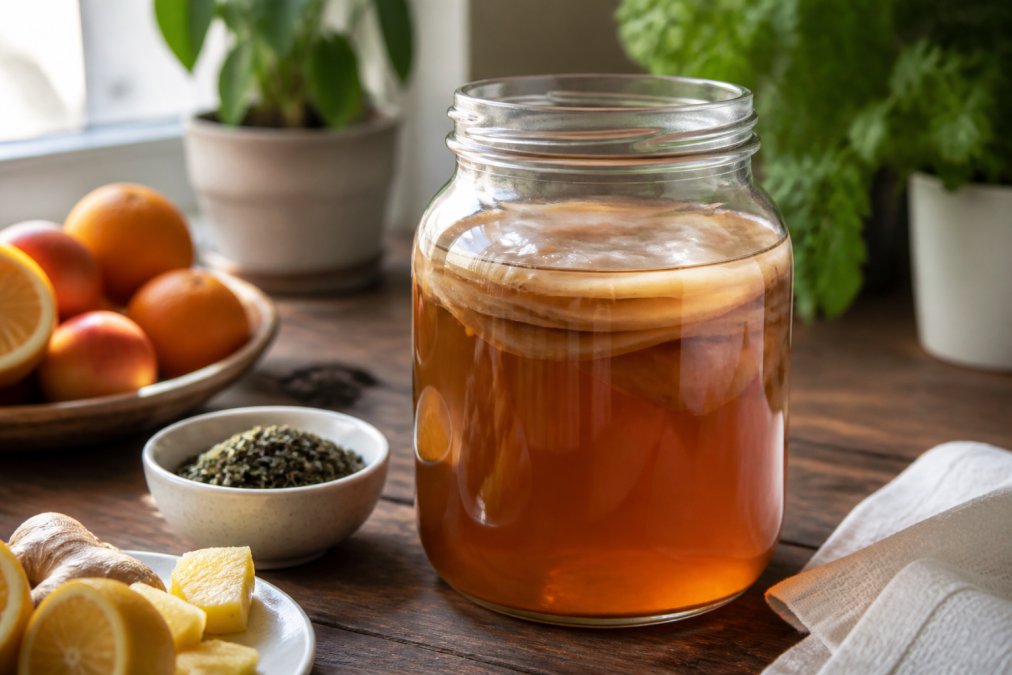 Educational diagram explaining Close, SCOBY for is kombucha good for gut health