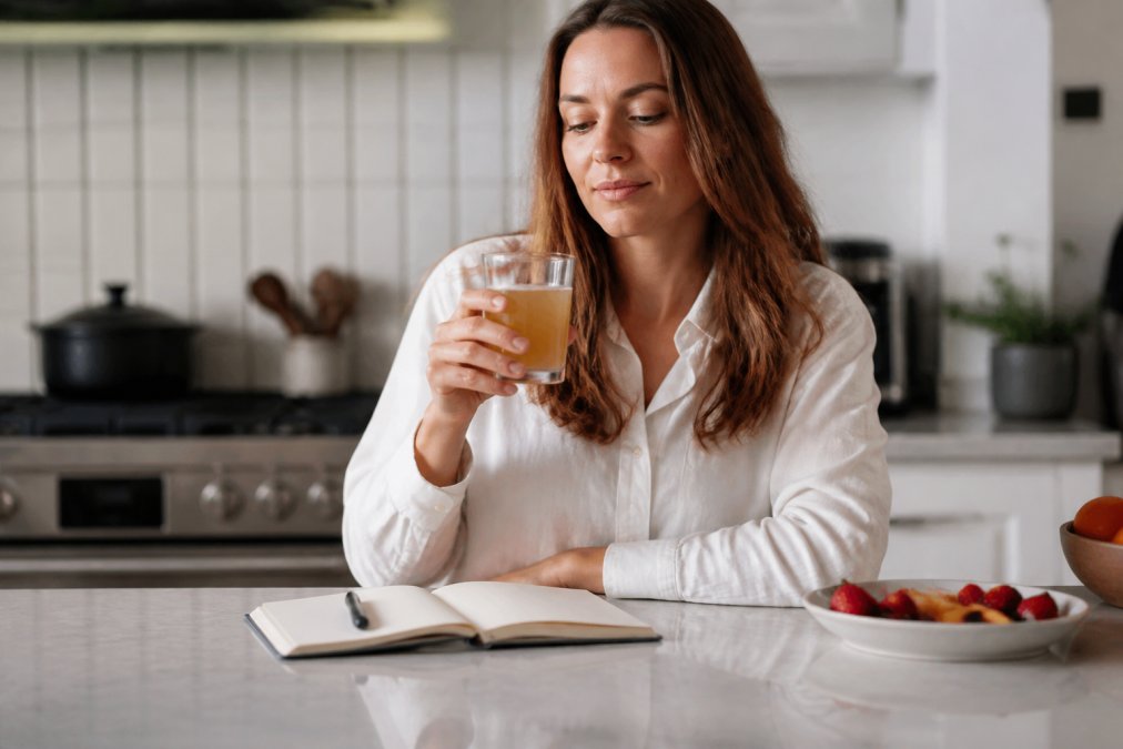 Person sitting at a kitchen counter thoughtfully holding a glass of fermented tea before taking a sip
