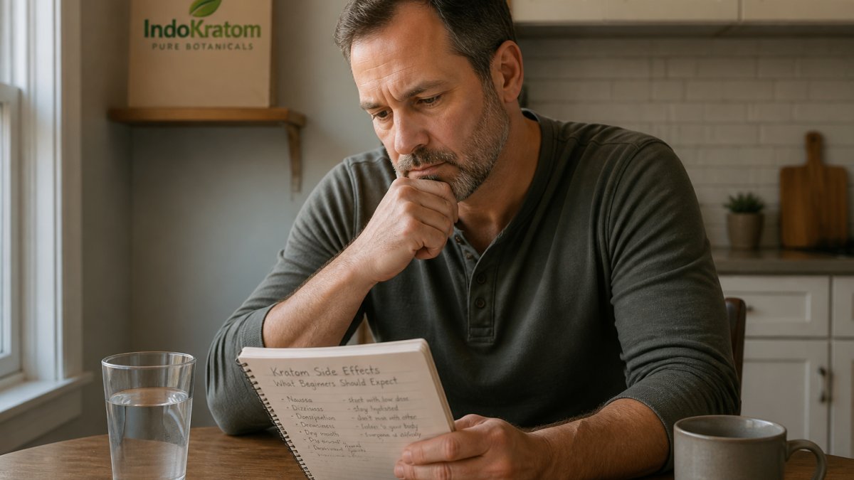 A middle-aged adult sitting at a kitchen table looking at a small notebook with handwritten notes, a glass of water nearby, appearing thoughtful and cautious