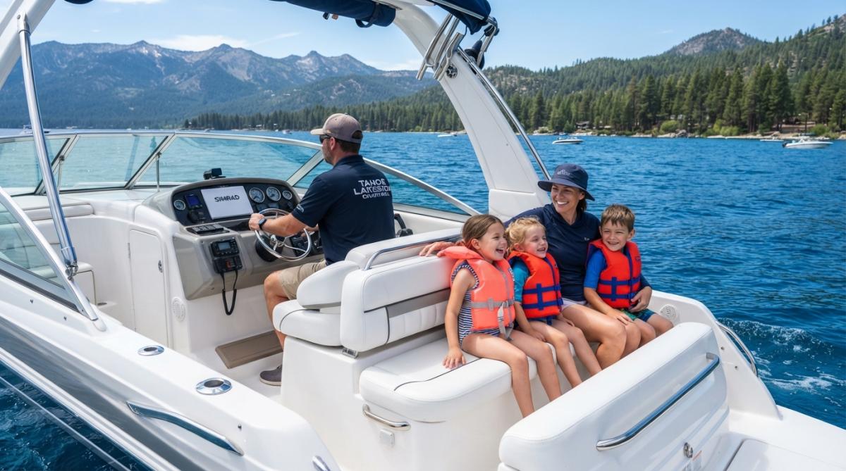 A family with two young children wearing properly fitted orange life jackets sitting on the padded stern seating of a modern white sport boat, the captain visible at the helm, with the deep blue water and forested mountains of Lake Tahoe behind them under bright midday sun