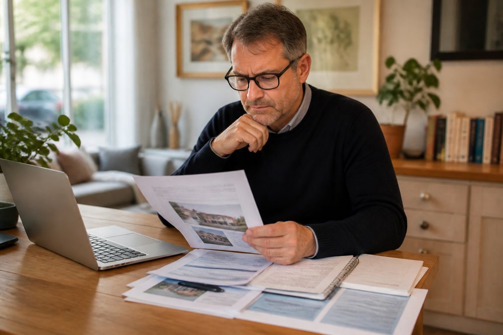 Professional landlord reviewing insurance documents and property details at a desk with a laptop and paperwork, looking thoughtful while evaluating options