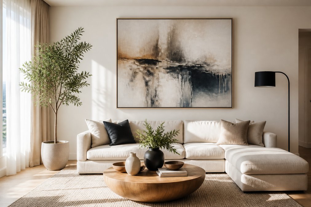 A bright staged living room with a large abstract canvas centered above a low neutral sofa, styling lamp and potted plant visible for scale, soft afternoon light through sheer curtains