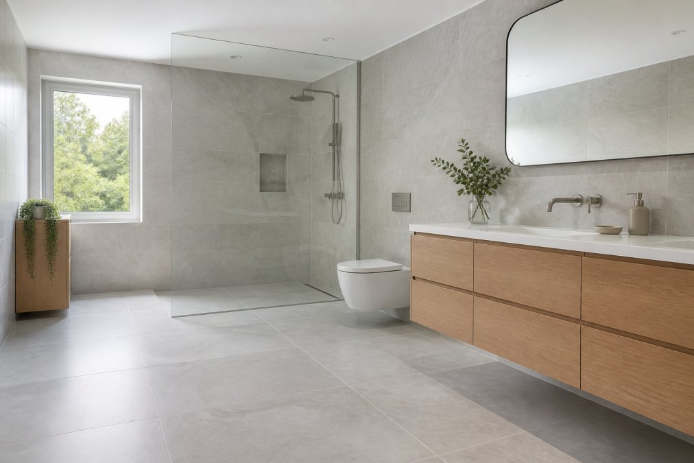 Modern bathroom featuring large format porcelain tile with minimal grout lines and a glass walk-in shower.