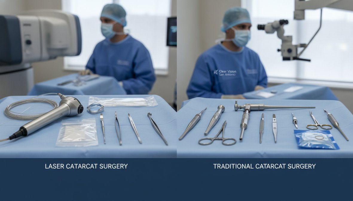 Ophthalmologist in surgical attire preparing femtosecond laser equipment in a modern operating room with precision instruments and real-time imaging displays visible