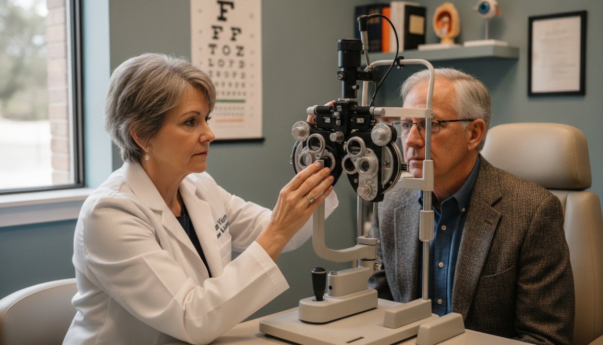 Mature adult male in his 50s undergoing comprehensive eye examination with an ophthalmologist using a phoropter to assess visual acuity and refractive error