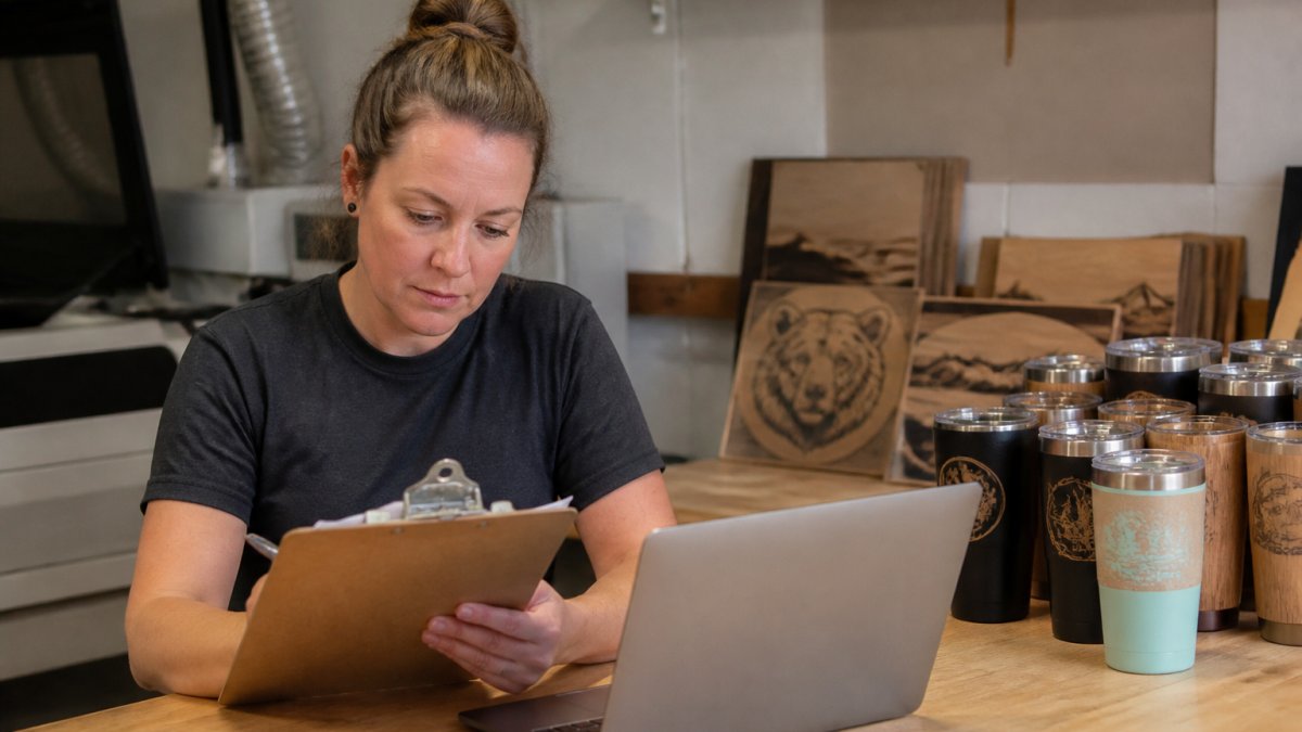A small fabrication shop owner reviewing order volume and production notes on a clipboard next to a laptop, with finished laser-engraved tumblers and signage stacked on a workbench behind them