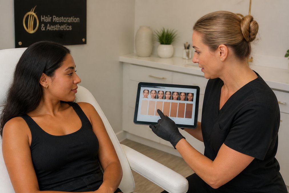A trained aesthetic technician in gloves consulting with a patient with medium-brown skin tone, pointing at a Fitzpatrick skin type chart on a tablet screen in a bright, modern treatment room