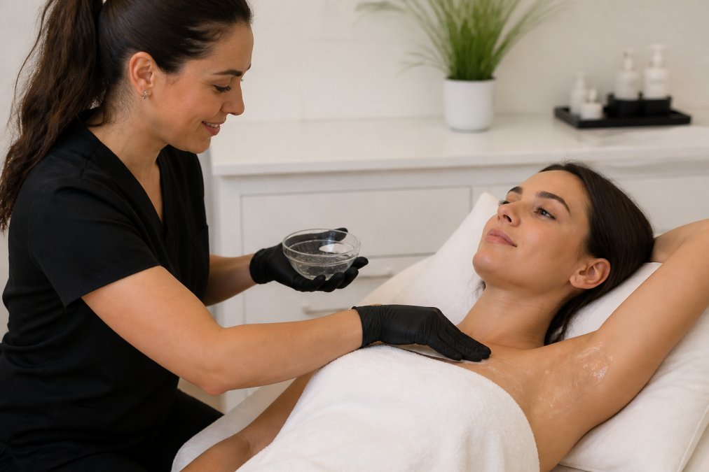 Professional aesthetician applying cool gel and post-treatment soothing product to patient's skin after laser hair removal session in clinical spa setting with soft lighting