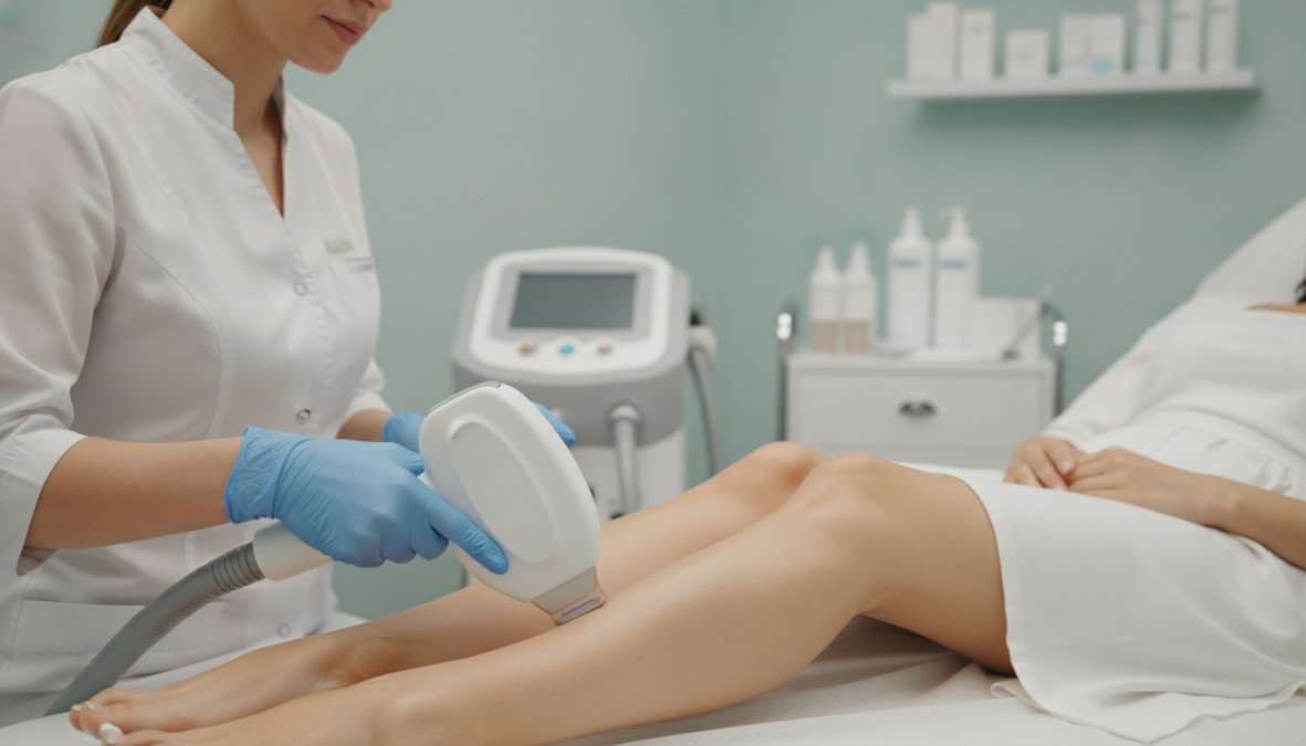 A qualified aesthetician in a white clinical uniform using a laser handpiece on a client's leg, with soft overhead clinic lighting and a medical-grade laser device visible in the background