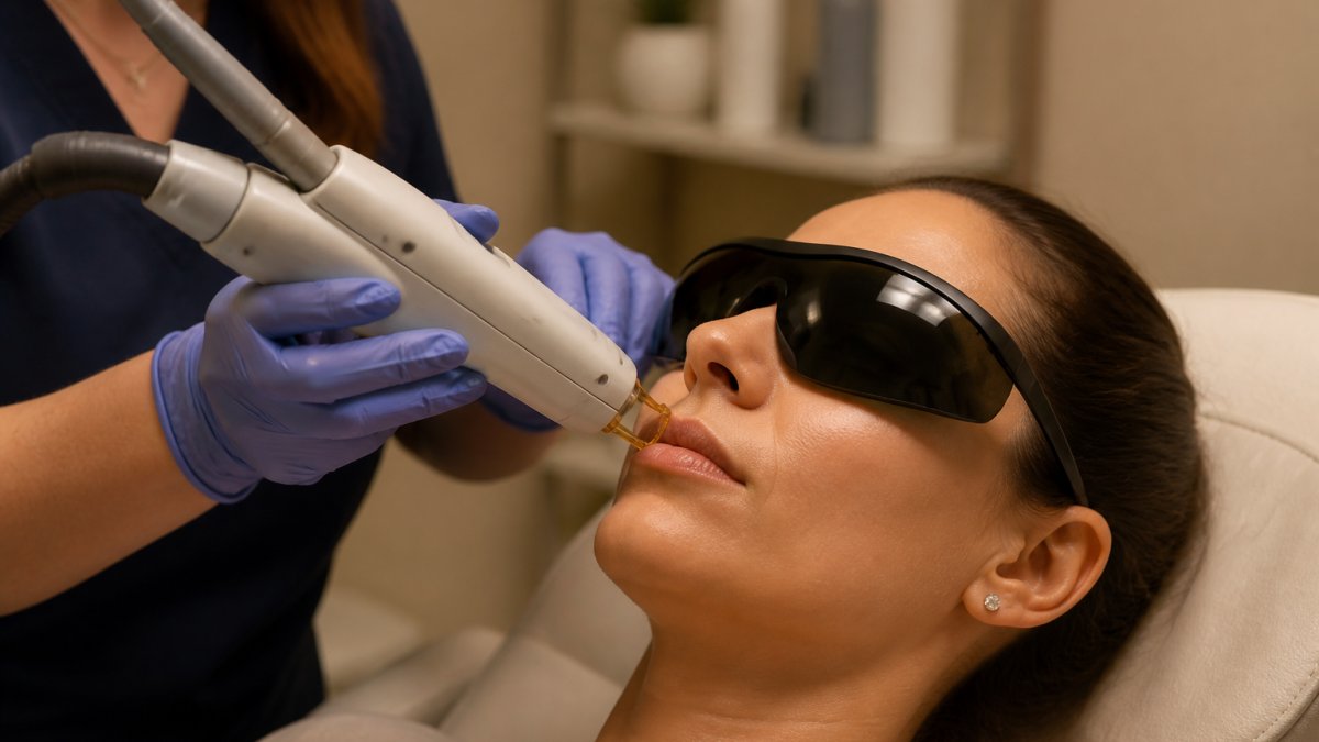 Esthetician performing laser hair removal on a client's upper lip in a clinical treatment room.