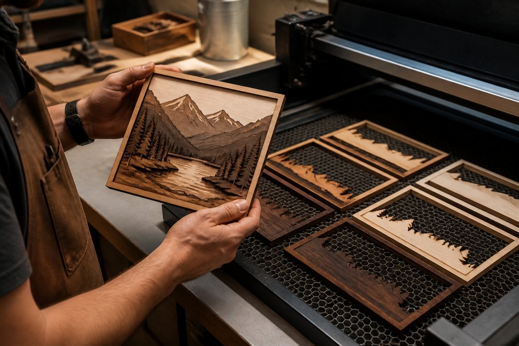 Professional designer's hands working at a laser engraving station, with a finished wooden product showing layered depth detail and rich tonal gradation in natural studio lighting