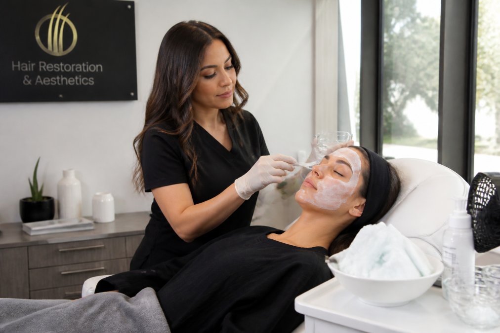 Clinician applying numbing cream to a patient before laser skin resurfacing in a modern clinic.