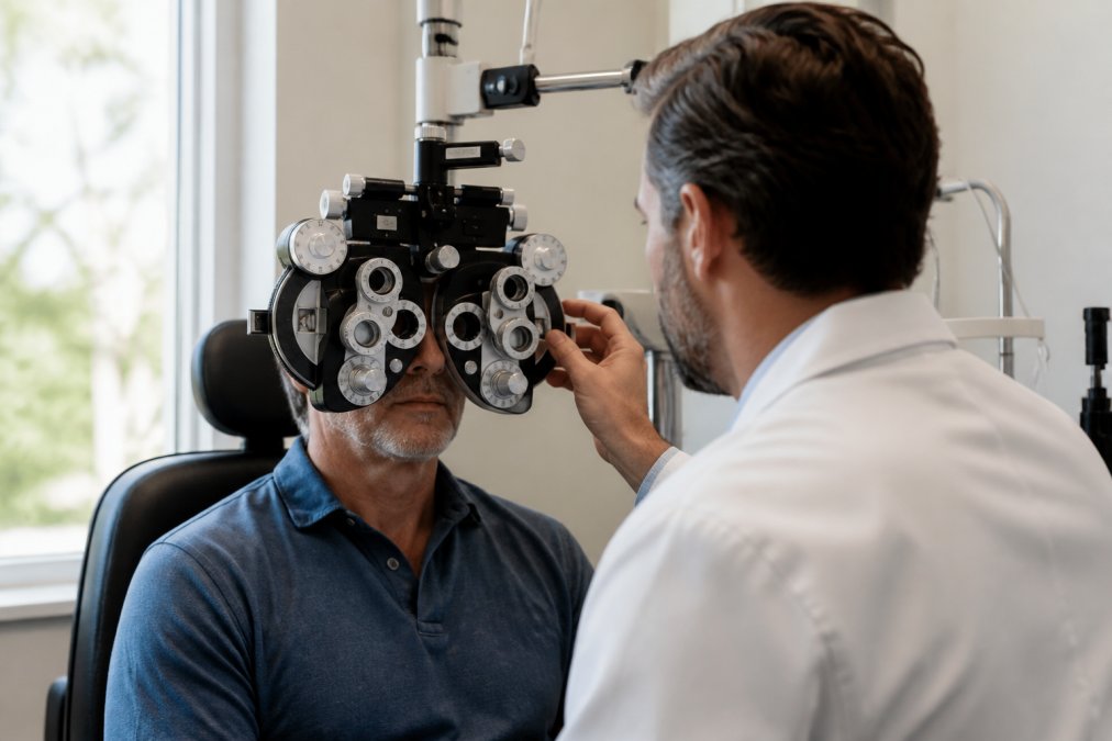 A middle-aged man in his fifties sitting in a bright eye clinic exam room, looking through a phoropter while an ophthalmologist adjusts the dials, both focused and calm, natural window light