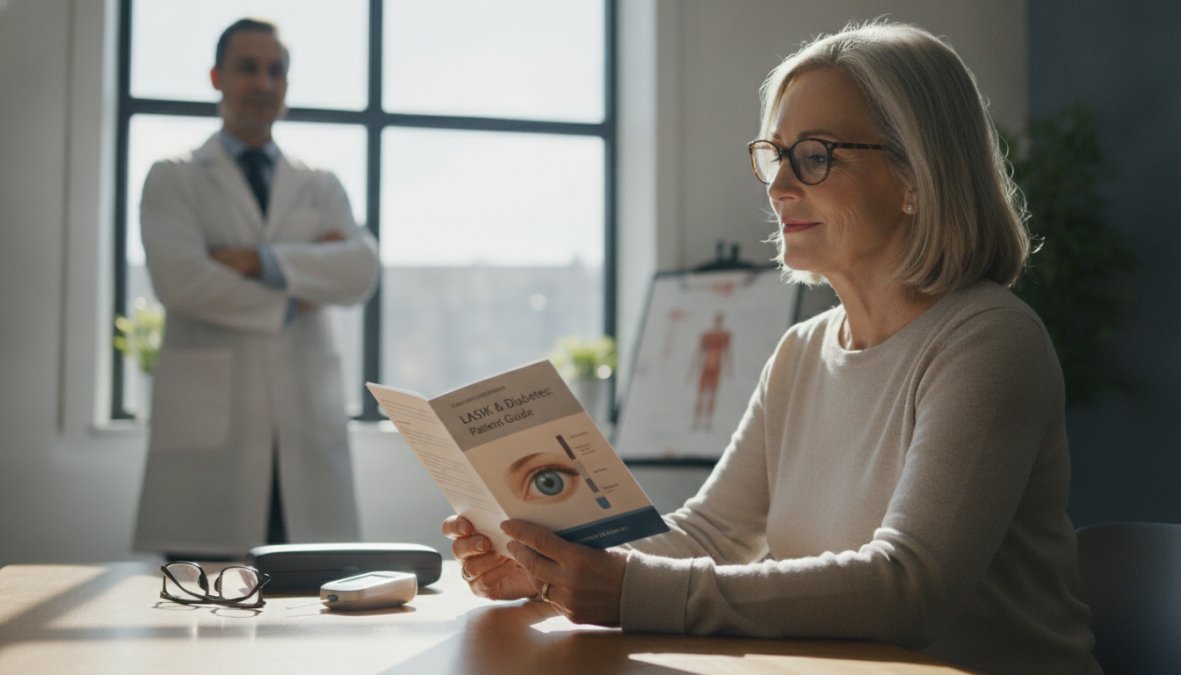 An ophthalmologist in a clinical setting reviewing eye exam results with a seated patient, both looking attentively at a slit-lamp imaging device in a modern, well-lit eye care office