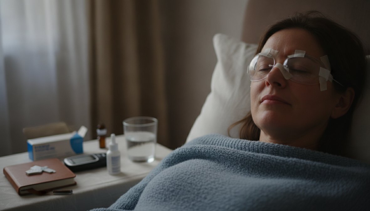 A patient resting in a comfortable recovery chair with protective eye shields in place, a caregiver seated nearby in a bright, clean medical recovery room with soft overhead lighting