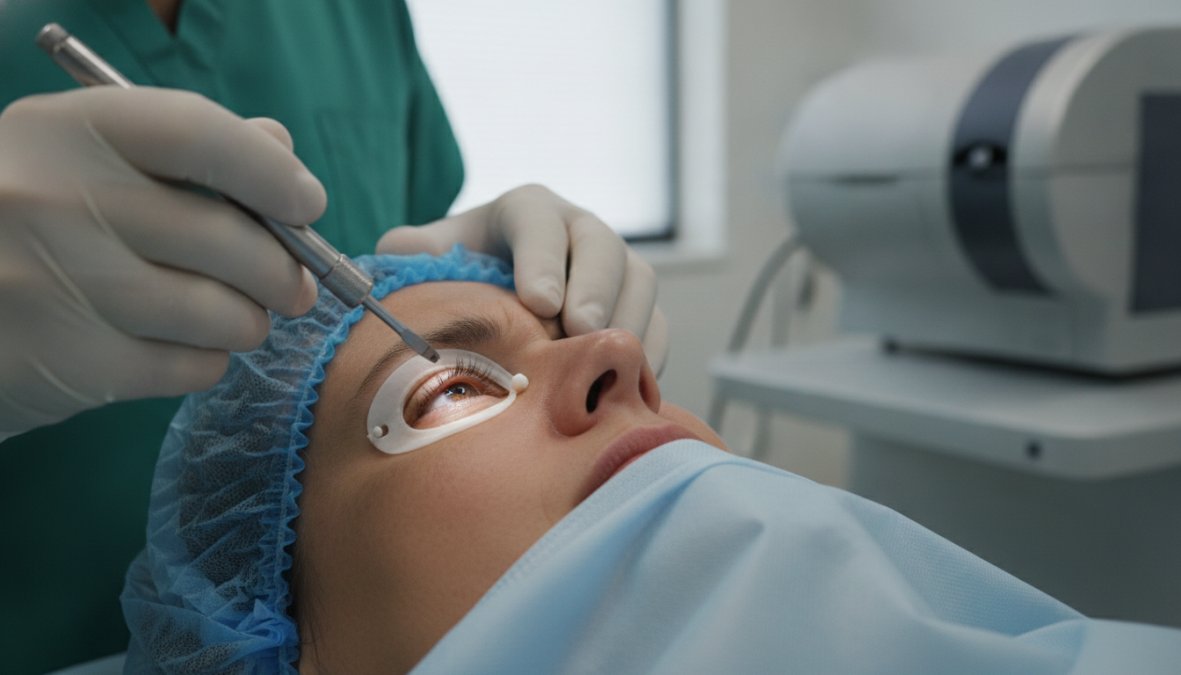 Close-up of an ophthalmologist's hands positioning a speculum on a patient's eye during laser vision correction in a modern surgical suite with bright overhead lighting