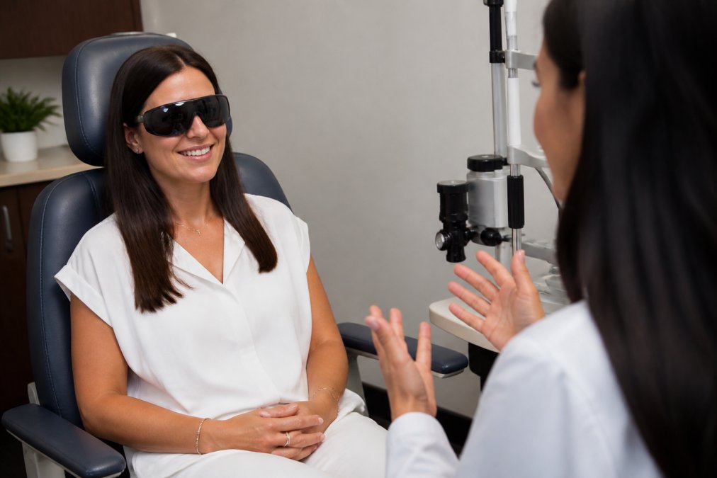 Patient seated in comfortable consultation chair at eye care clinic wearing protective eyewear and appearing relaxed during a follow-up post-operative visit with soft clinical lighting
