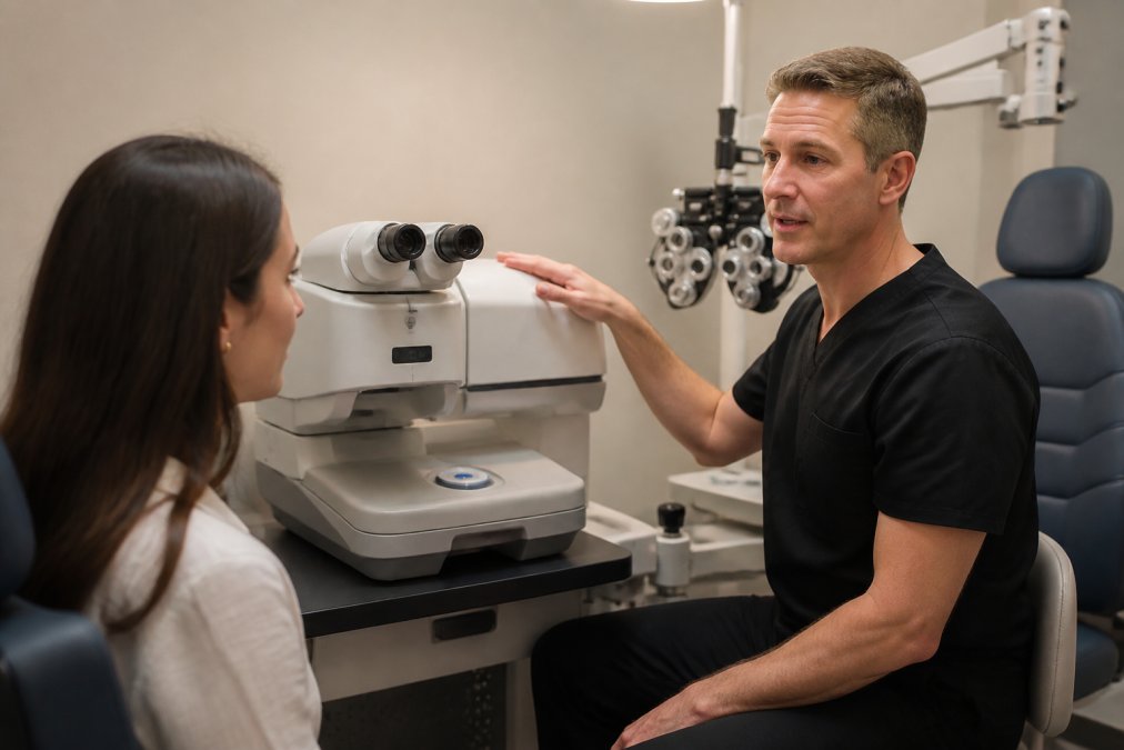 Ophthalmologist demonstrating LASIK procedure equipment to a patient in a clinical examination room with modern diagnostic instruments visible in the background