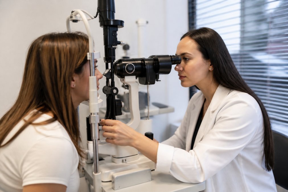 Professional optometrist performing eye examination on patient in modern clinical setting with advanced optometric equipment and natural lighting